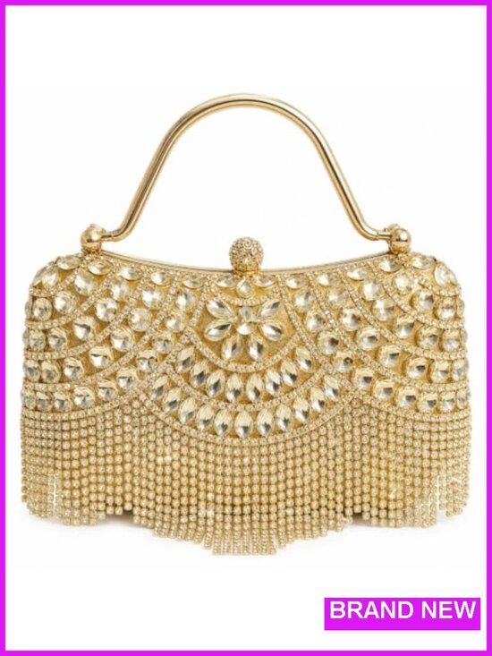Handbags - Rhinestone Fringe Clutch Purse Women Crystal Tassel Evening Handbag Chain
